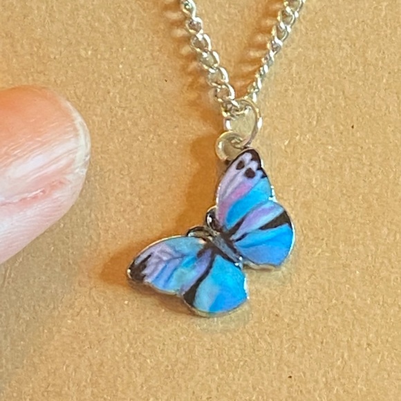 Purple and Blue Dainty Butterfly Necklace with Silver Chain - Picture 4 of 5